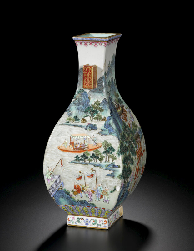 A finely painted and rare famille-rose 'one hundred boys' vase, fanghu, Seal mark and period of Qianlong (1736-1795)