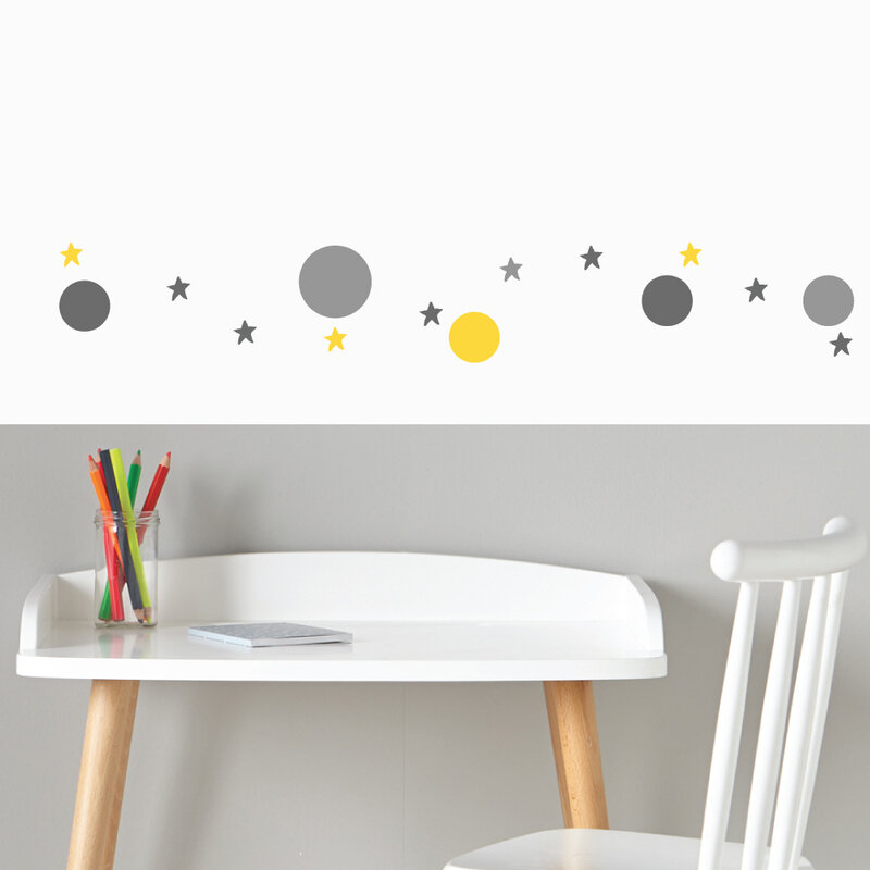 frise-papier-peint-bulles-étoiles-gris-jaunes