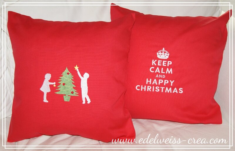 Housse de coussin rouge - Broderies Noël - Keep Calm and happy christmas