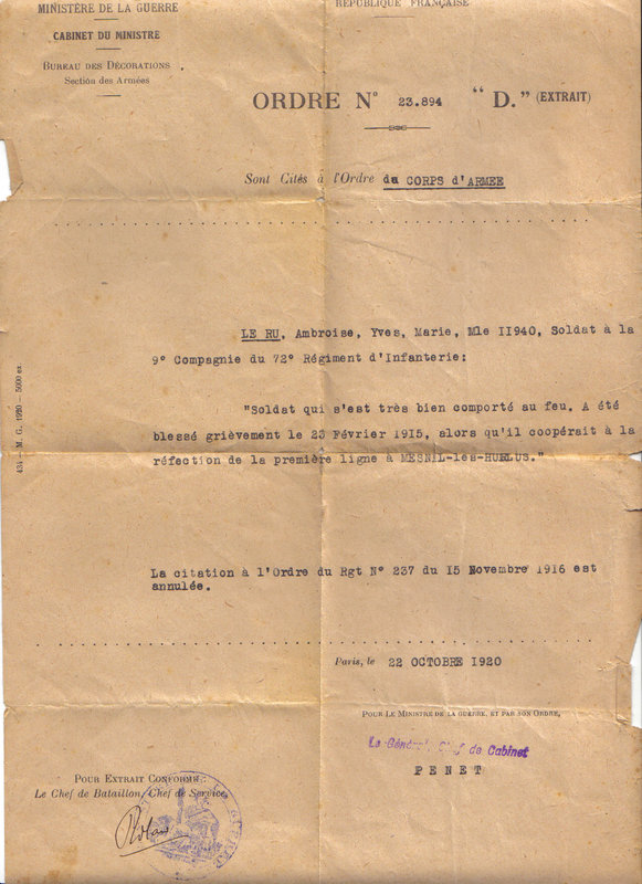 citation corps d'armée 1920