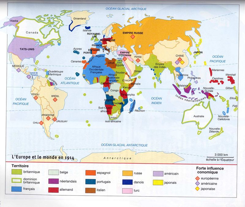 Carte du monde en 1914 - manuel quatrième tiraqueau