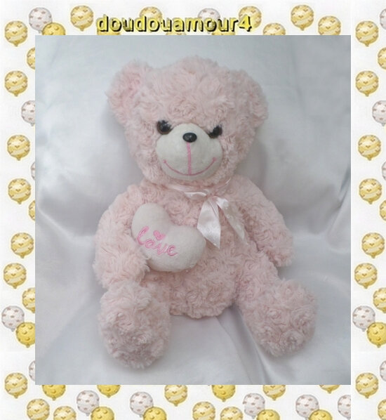 Doudou Peluche Ours Assis Rose Poils Long Coeur Blanc Love