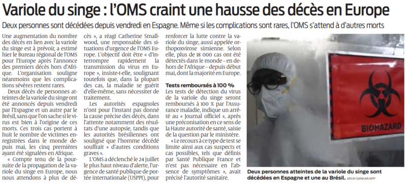 2022 07 31 SO Variole du singe l'OMS craint une hausse des décès en Europe