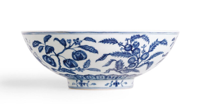 From the Meiyintang collection, A rare large blue and white 'fruit spray' bowl, mark and period of Xuande (1426-1435)2