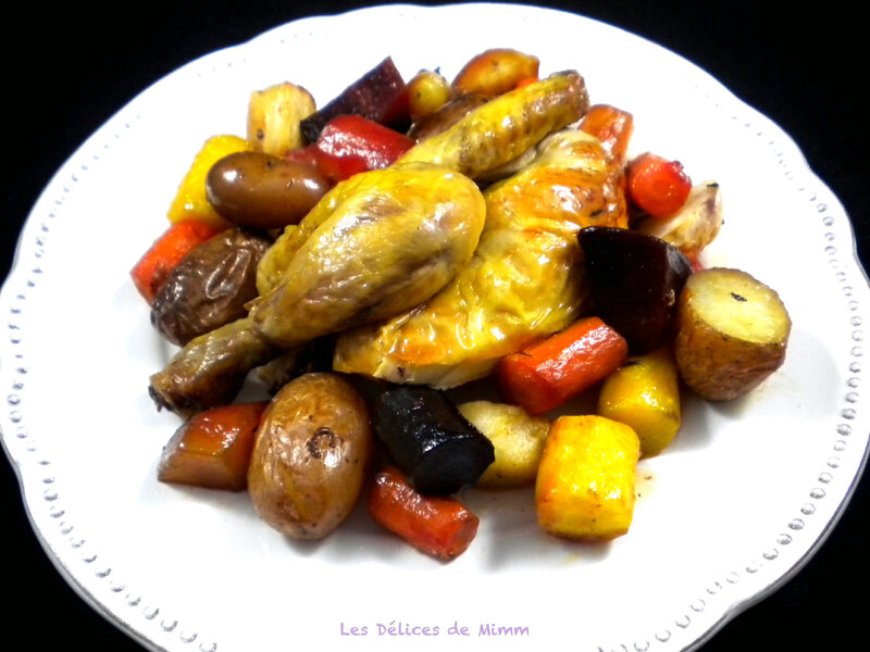 Coquelet aux légumes racines confits au four