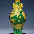  A fine and very rare <b>yellow</b>-<b>ground</b> <b>green</b>-<b>enamelled</b> 'Dragon' vase, Qianlong incised six-character seal mark and of the period