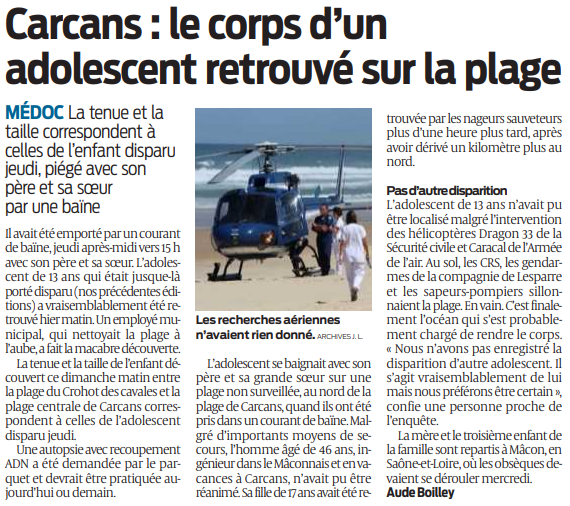 2020 08 24 SO Carcans le corps d'un adolescent retrouvé sur la plage