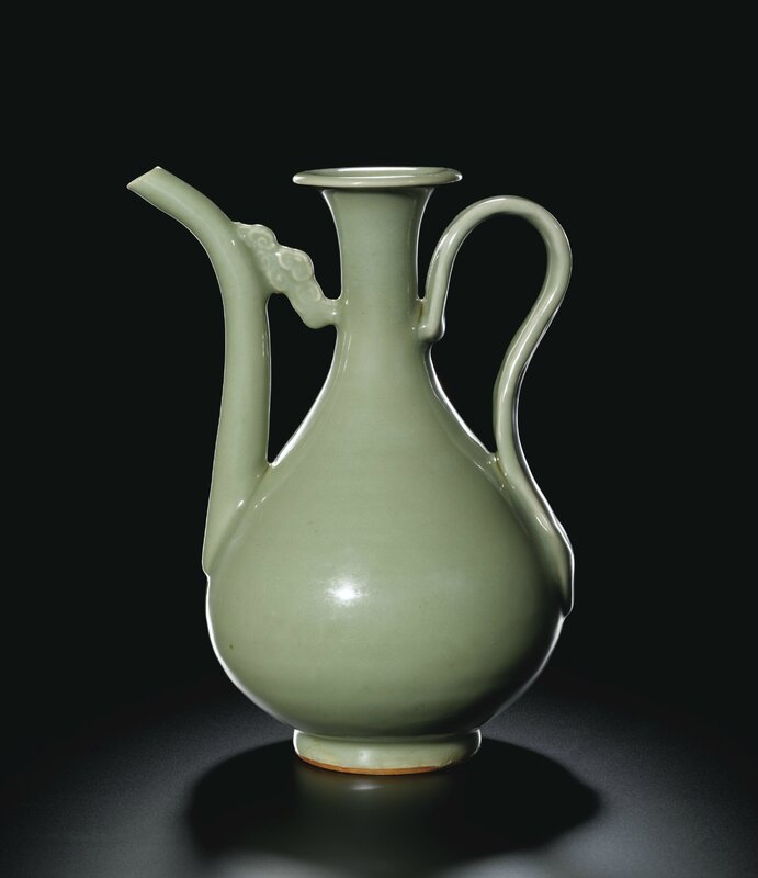 An exceptional Longquan celadon ewer, Ming dynasty, early 15th century