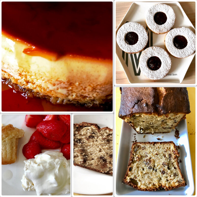 crème caramel/minibaba-fraises-chantilly à la vanille/lunettes à la confiture à la framboise/banana bread