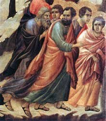 fuite des apôtres lors de l’arrestation du Christ, Duccio, Maestà, détail, 1308-1311