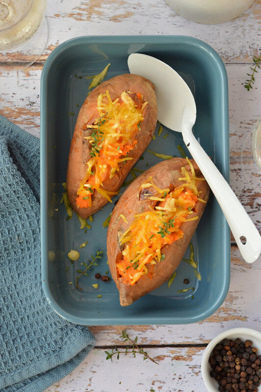 patate douce farcie saucisse végé et fromage vegan tartex