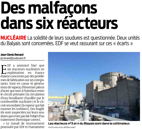 2019 09 19 SO Des malfaçons dans six réacteurs