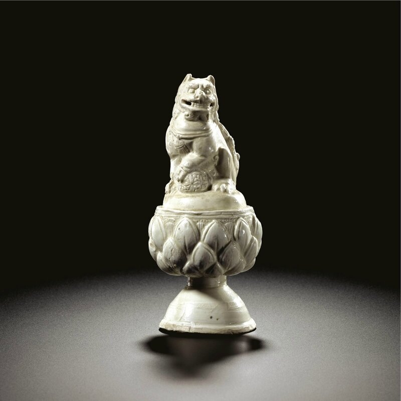 A rare white-glazed 'Lion' incense burner and a cover, Tang dynasty