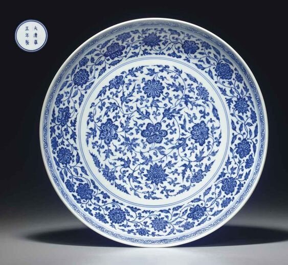 A_rare_large_Ming_style_blue_and_white_dish__Yongzheng_six_character_mark_in_underglaze_blue_within_a_double_circle_and_of_the_period__1723_1735_