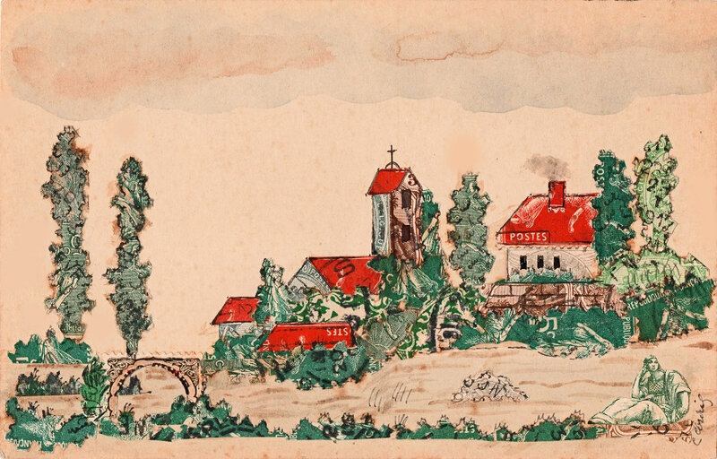 CPA Timbres Village rouge
