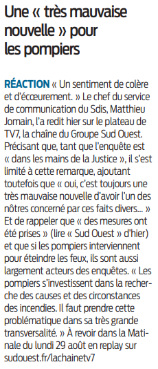 2022 08 30 SO Une très mausvaise nouvelles pour les pompiers