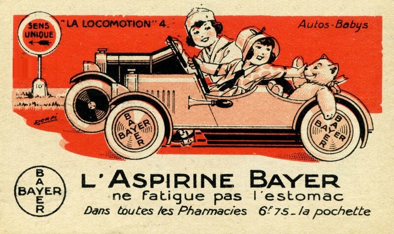 Publicité Aspirine Bayer avec voitures à pédale