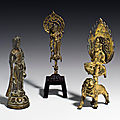 Three small gilt-bronze figures of <b>bodhisattvas</b>, Sui-Northern Song dynasty, 6th-12th century