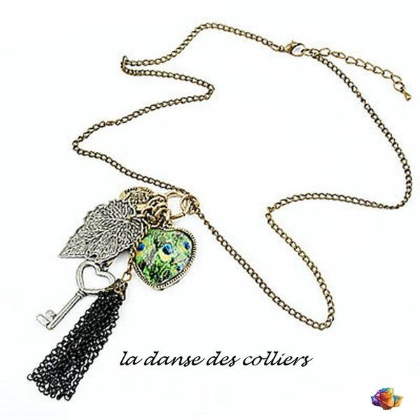 Pendentif Style Vintage Diane Coeur Faceté Motif Paon , Feuille, Clé,Chaînes Métal Couleur Bronze