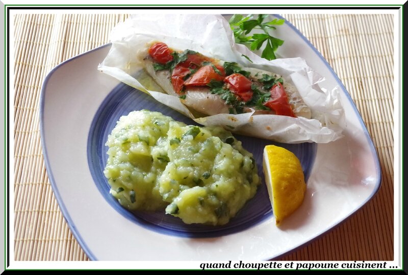 papillote de lieu noir aux tomates séchées et purée de courgette-5419