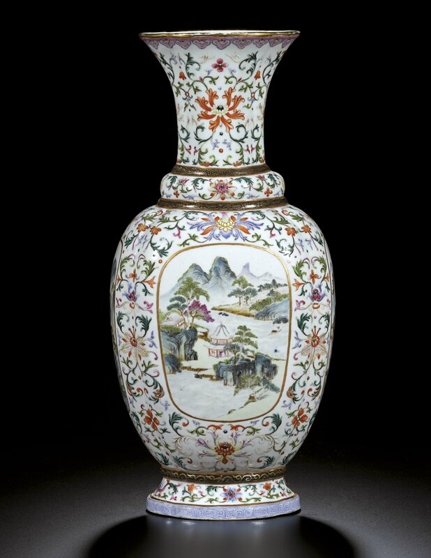 A famille-rose quatrefoil vase with landscape panels, Seal mark and period of Qianlong (1736-1795)