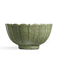 A fine Longquan celadon <b>foliate</b> <b>bowl</b> incised with figures, Ming Dynasty, mid-15th century