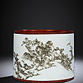 An extremely rare faux bois <b>grisaille</b>-decorated 'Landscape' brushpot, Yongzheng period (1723-1735)