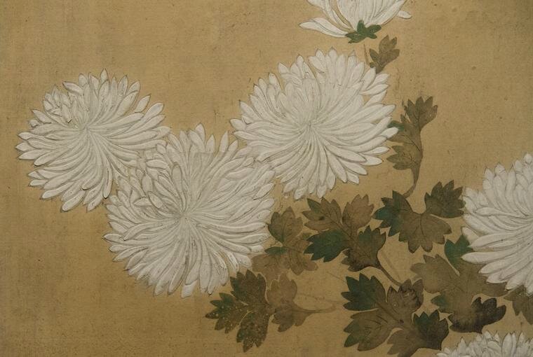 Rimpa School six-panel screen, chrysanthemum motif, Meiji Period, 19th Century d1