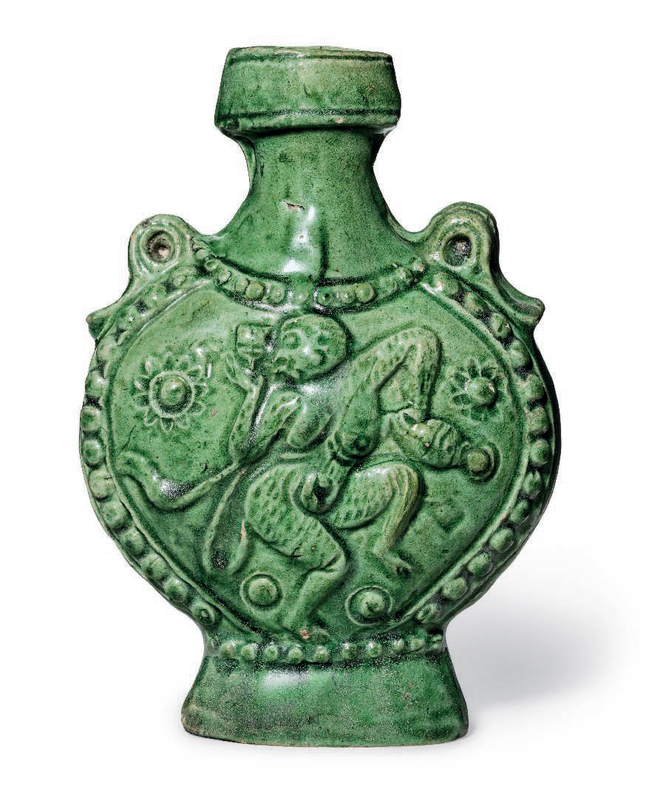 An unusual small green-glazed pottery 'pilgrim's' flask, Tang dynasty (AD 618-907)