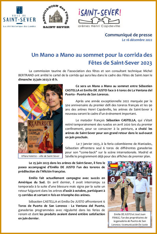 Association des Fêtes Ville de Saint-Sever - Com presse Annonce cartel corrida 25 juin 2023