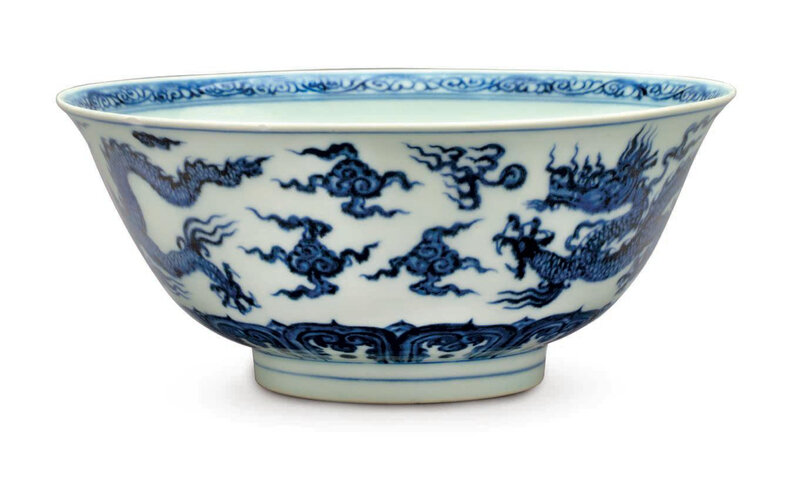 A rare anhua-decorated blue and white ‘Dragon’ bowl, Xuande six-character mark in underglaze blue within a double circle and of the period (1426-1435)