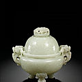 A white jade tripod <b>censer</b> <b>and</b> <b>cover</b>, Qing dynasty, 18th century