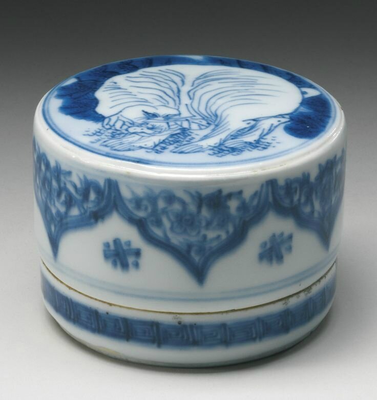 An unusual blue and white circular box and cover, Jiajing mark and period