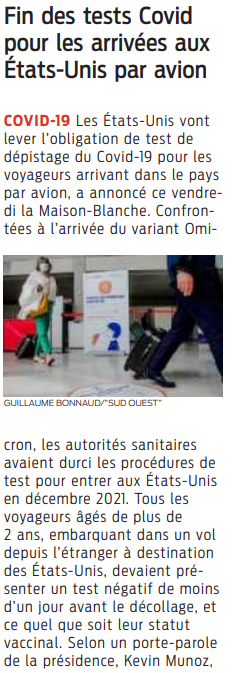 2022 06 11 SO Fin des testsCovid pour les arrivées aux Etats-Unis par avion