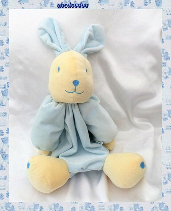 Doudou Peluche Lapin Range Pyjama Bleu Et Jaune Sucre D'orge