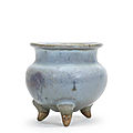 A <b>Junyao</b> purple-splashed tripod incense burner, Yuan Dynasty (1279-1368)