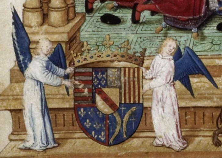 Armoiries de René II dans la Vita Christi, folio 3v (cliché commons.wikimedia.org)