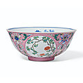 A <b>pink</b>-<b>ground</b> <b>famille</b>-<b>rose</b> sgraffiato 'medallion' bowl, Daoguang seal mark and period (1821-1850)