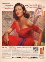 Oleg_Cassini-dress_red_purple_sash-gene_tierney-1952-adv-1a