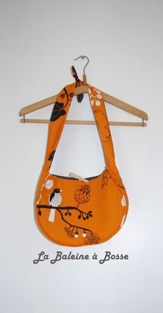 sac à main réversible coton orange motif nature oiseau et coton prune pois blanc côté orange