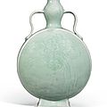 A moulded celadon-glazed <b>garlic</b>-<b>mouth</b> <b>moonflask</b>. Qing dynasty, 18th century - Sothebys