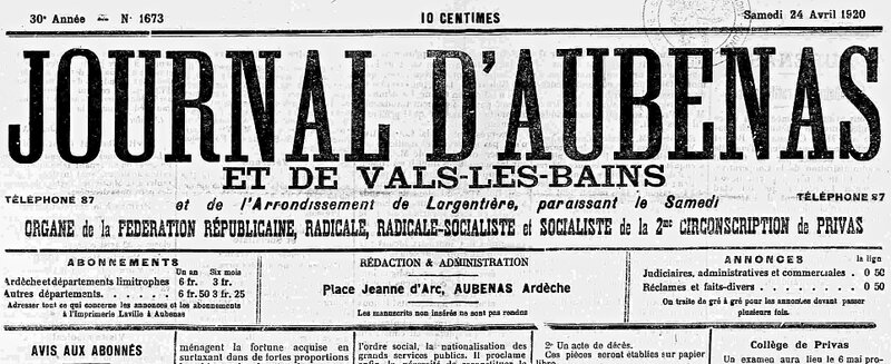 Journal d'Aubenas 1920