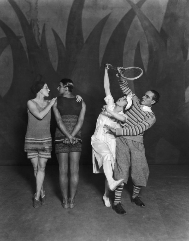 Lydia Sokolova, Anton Dolin, Bronislava Nijinska and Leon Woizikowsky after the first performance of 'Le Train Bleu' in Britain, at the Coliseum Theatre London, 1924