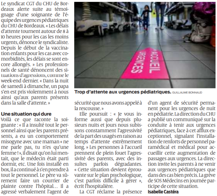2021 12 22 SO CHU de Bordeaux Urgences pédiatriques le temps d'attente explose2