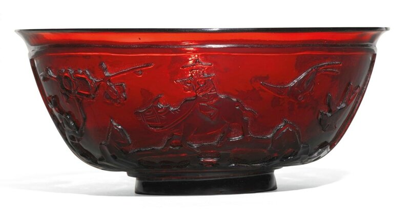  A carved red glass 'landscape' bowl, Qing dynasty