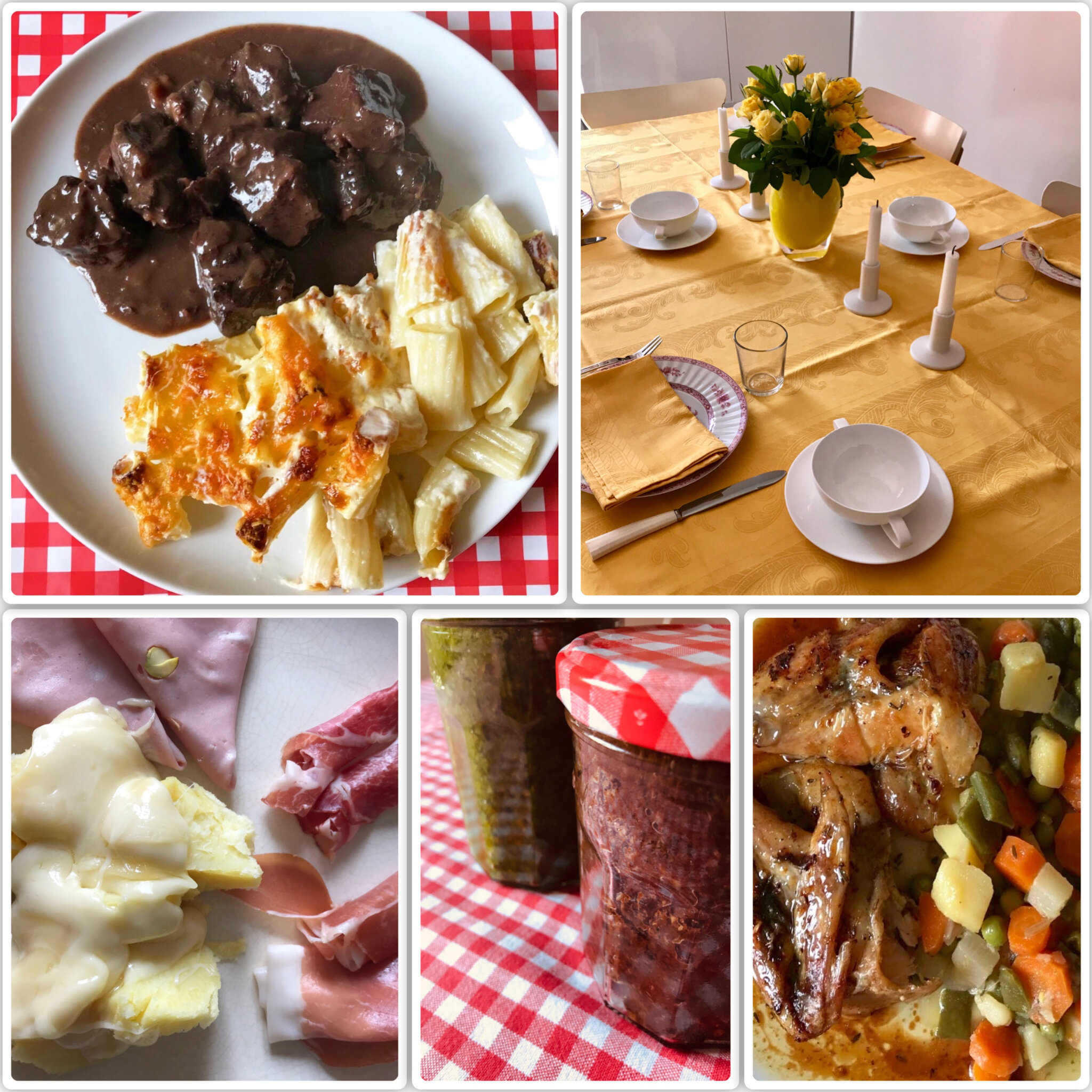daube-gratin de macaroni:raclette:pintade rôtie-jardinière:conserves pesto à l'ail des ours-tapenade:table jaune