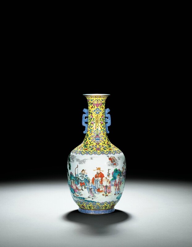 A rare yellow-ground 'famille-rose' figure vase, seal mark and period of Jiaqing (1796-1820)