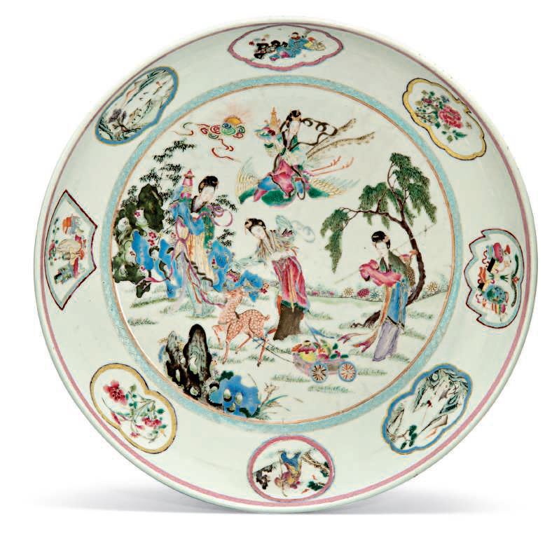 A large Famille Rose dish, 18th century, the porcelain 15th century