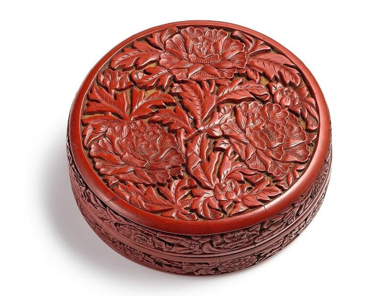 A rare carved cinnabar lacquer circular 'peony' box and cover , mark and period of Yongle (1403-1425)