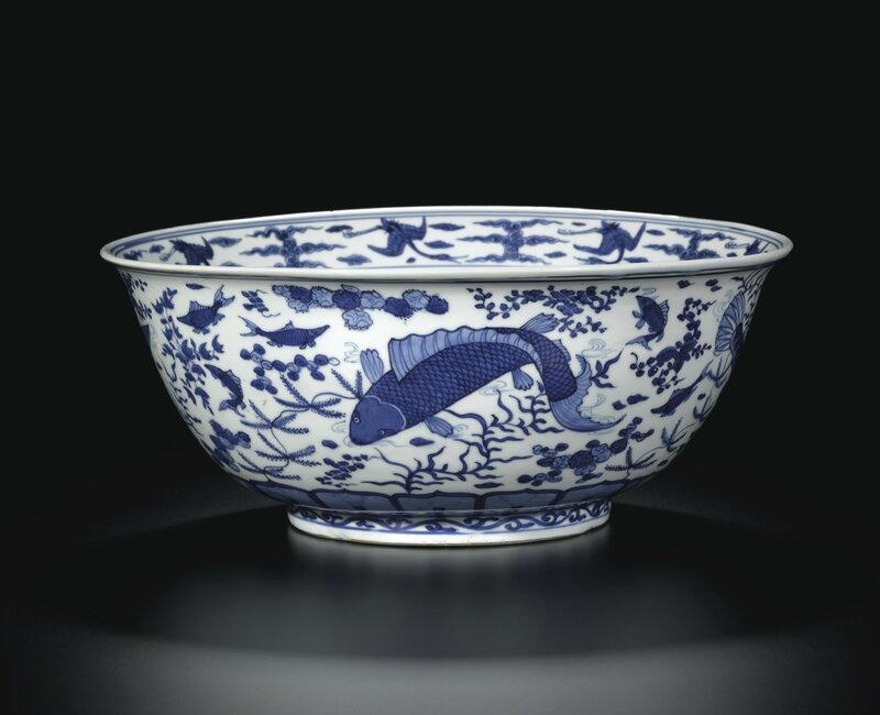 A large blue and white 'Fish' bowl